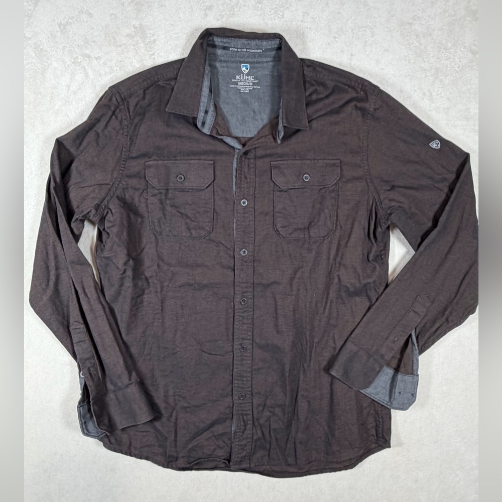 Kuhl Men's Medium Casual Button Down Shirt Dark Brown Micro Herringbone